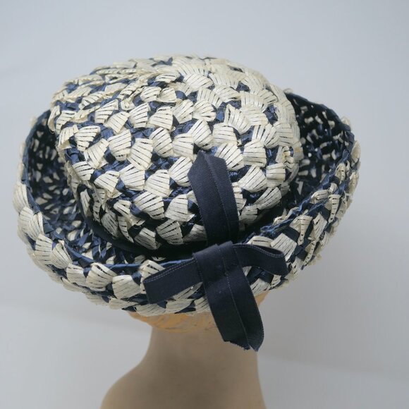 vtg MR JOHN Classic Blue White Raffia Woven Upturn Brim Mod Derby Church Hat EUC main image 8